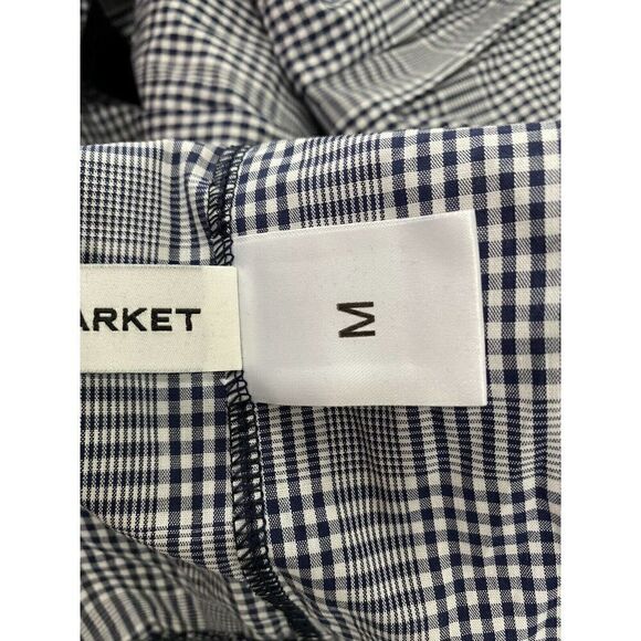 Pixie Market Blouse Sz M Blue Gingham Striped Collared Long Sleeve Ruched Peplum - Picture 6 of 7